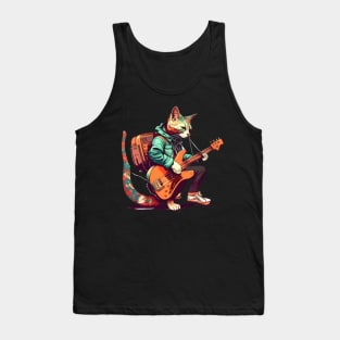 Funny Happy Rock Cat Playing Guitar Guitarist Tank Top